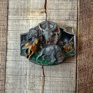 Vintage 1989 siskiyou belt buckle Native American with buffalo with enamel